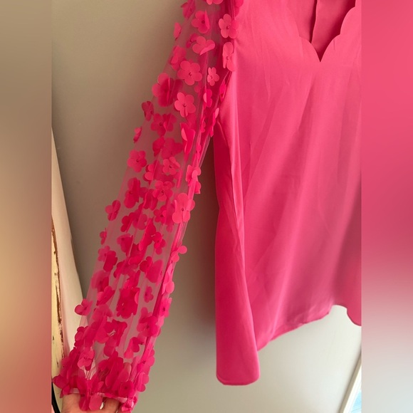 SHEIN Women’s Pink Dress SZ MD Floral Shear Long Sleeve Scalloped Neck Line - Picture 4 of 11